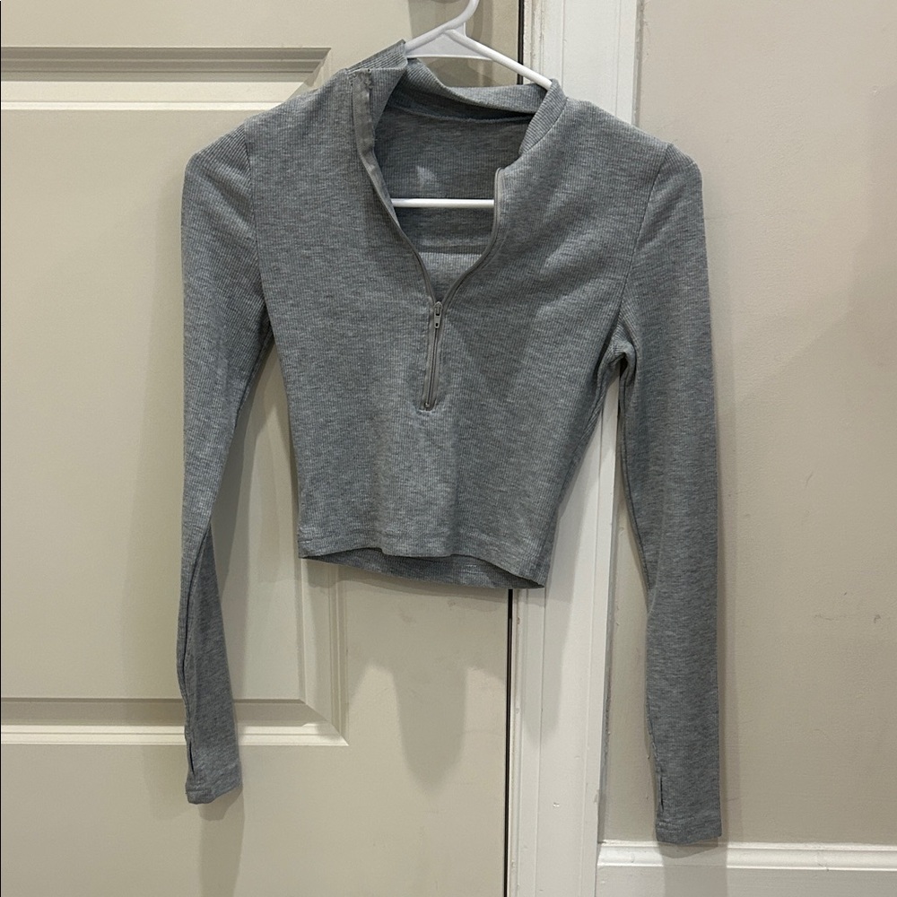 Gray Long Sleeve Zip-Up Women's Top